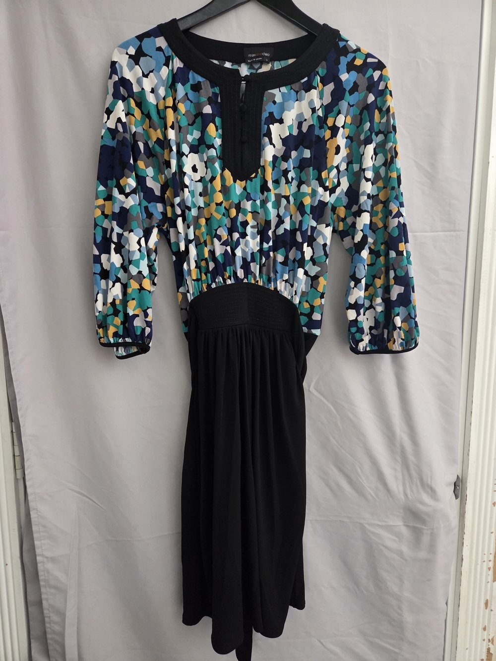 Max & Cleo Teal, Navy, Mustard & White Printed Bodice with Black Midi Skirt